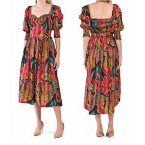 NWT House of Harlow 1960 Meadow Print Smocked Midi Dress